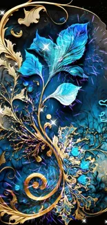 Elegant blue and gold floral design wallpaper.