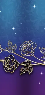 Elegant blue and gold floral mobile wallpaper.