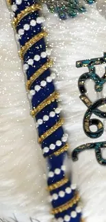 Elegant blue design with gold beading on white background