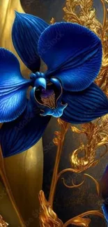 Elegant blue floral design with golden accents.