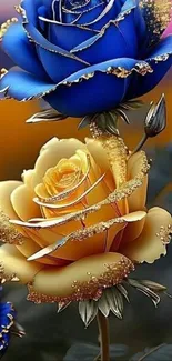 Blue and gold roses mobile wallpaper with artistic design.