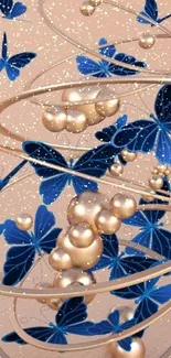 Elegant wallpaper with blue butterflies and gold spheres.