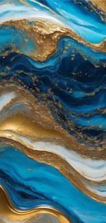 Elegant blue and gold swirling wave pattern wallpaper.