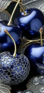 Glossy blue apples with silver leaves