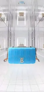 Elegant blue handbag in a modern mirrored display.
