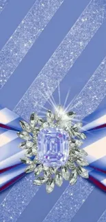 Elegant blue wallpaper with a sparkling bow and gemstone centerpiece.