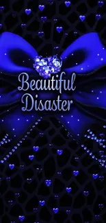 Elegant blue bow with sparkling gems on wallpaper.