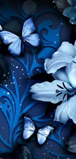 Elegant wallpaper featuring blue flowers and butterflies.