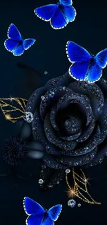 Dark blue rose surrounded by blue butterflies.