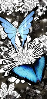 Blue butterflies on floral black and white wallpaper.