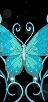 Elegant blue butterfly with decorative swirls on a black background.