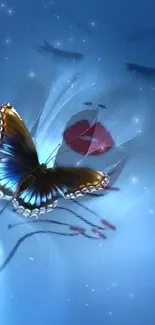 Elegant blue butterfly with artistic background.