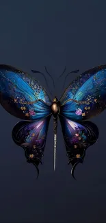 Detailed blue butterfly art on dark background for mobile wallpaper.