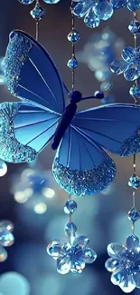 Blue butterfly with sparkling floral details on mobile wallpaper.