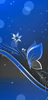 Elegant blue butterfly and floral design on mobile wallpaper.