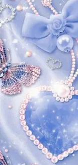 Elegant blue wallpaper with butterflies and jewels.