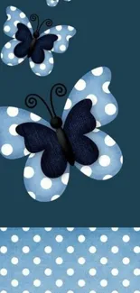 Blue butterfly wallpaper with polka dots on a dark teal background.