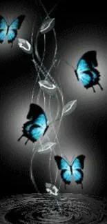 Elegant wallpaper with blue butterflies and dark background.