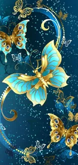 Elegant blue butterfly wallpaper with gold accents.