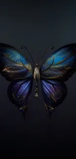 Mystical blue butterfly on dark background wallpaper.