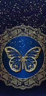 Elegant wallpaper with blue butterfly and golden patterns.