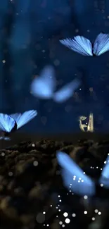 Blue butterflies in a dreamy, dark forest setting create a magical wallpaper.