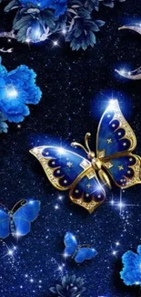 Elegant blue butterfly with glittering night sky background.