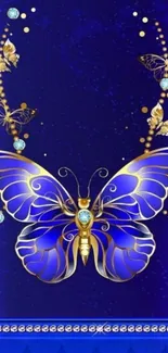 Elegant blue butterfly wallpaper with gold detailing.