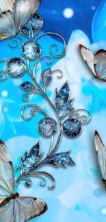 Elegant blue butterfly wallpaper with silver floral design