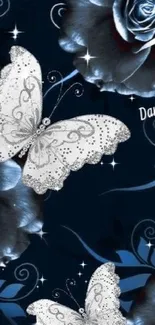 Elegant mobile wallpaper with white butterflies on a dark blue floral background.