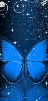 Blue butterfly with cosmic swirls on a dark background.