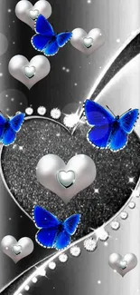 Blue butterflies with silver hearts on a glitter background.