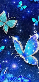 Shimmering blue butterflies and flowers on a starry background.