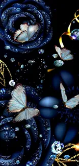 Elegant blue butterfly and floral wallpaper with sparkling accents on a dark background.