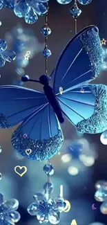 Elegant blue butterfly with crystals on a dreamy background.