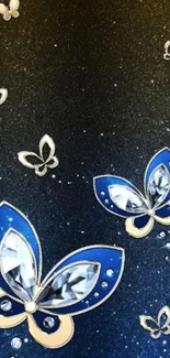 Elegant blue butterflies on a black sparkling background wallpaper.