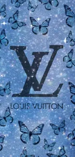 Blue butterfly wallpaper with luxury monogram and sparkling stars.