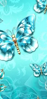 Elegant mobile wallpaper with blue butterflies on turquoise background