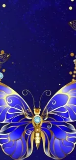 Elegant blue butterfly with gold accents and jewels on dark background.