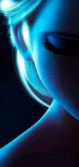 Elegant silhouette of a character in blue, half-face view.