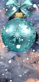 Blue Christmas ornament with snowflakes and frosty background.