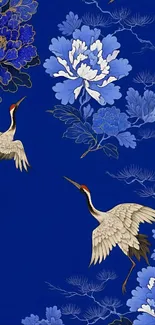 Blue floral wallpaper with cranes and a rich blue background.