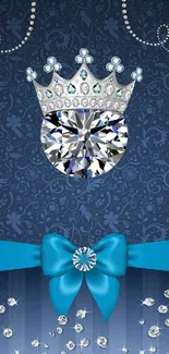 Elegant jeweled crown wallpaper with blue floral design and diamond accents.