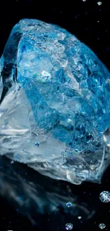 Close-up of a blue crystal on a black background, elegant and stylish.