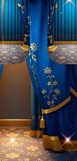 Luxurious blue curtains with gold floral embroidery design.