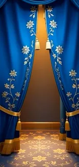 A luxurious blue curtain with floral patterns.