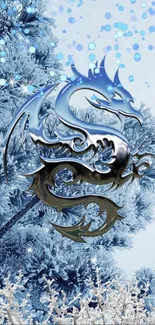 Metallic dragon on frosty blue tree background.