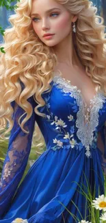 Fantasy art of a blonde woman in a blue dress with floral accents in a forest.