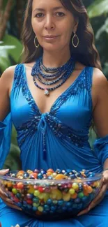 Woman in blue dress with bead necklace sitting outdoors.