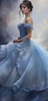 A woman in an elegant blue gown on a fantasy mobile wallpaper.